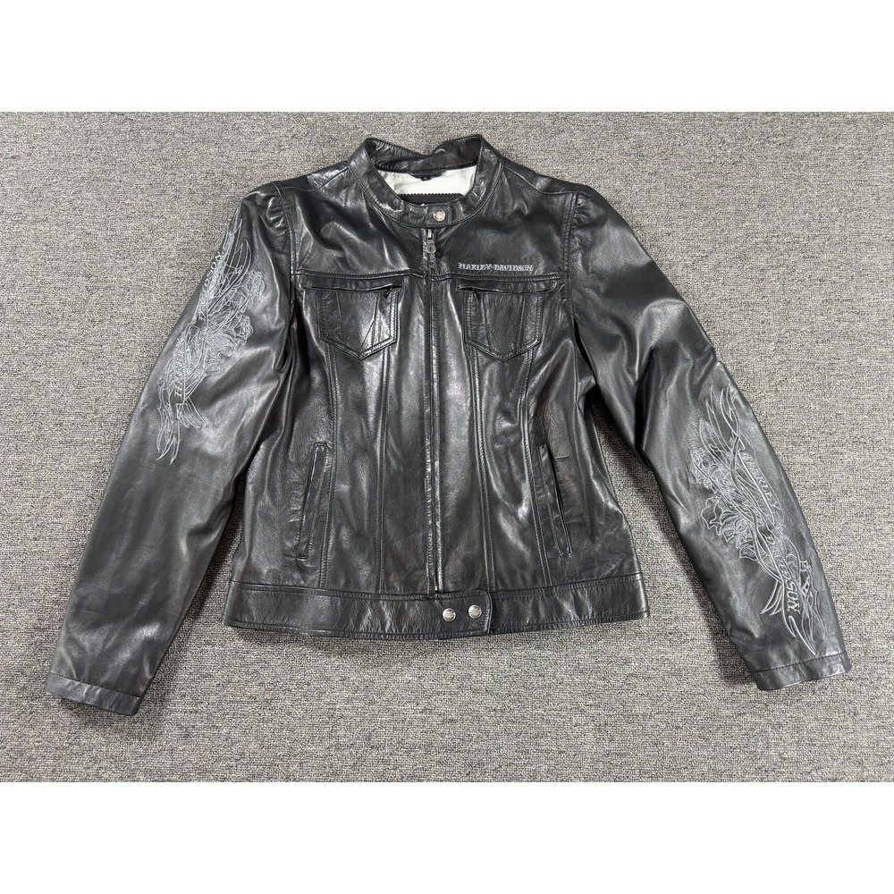 Harley Davidson Jacket Womens Large Black‎ Leather Motorcycle Embroidered Zip